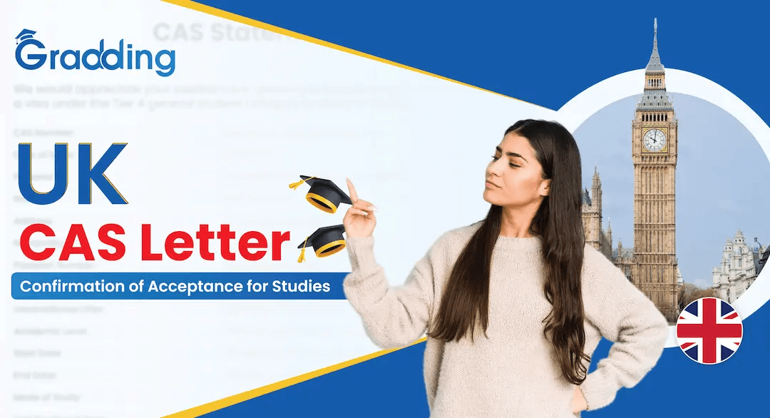 CAS Letter UK 2026: Sample showing 14-digit CAS number, course details, and university sponsor information for UK Student Visa application