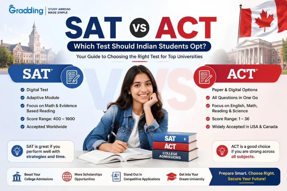 Comparing the SAT and ACT exams in 2026 including format, scoring, math, science section and key differences for Indian students.